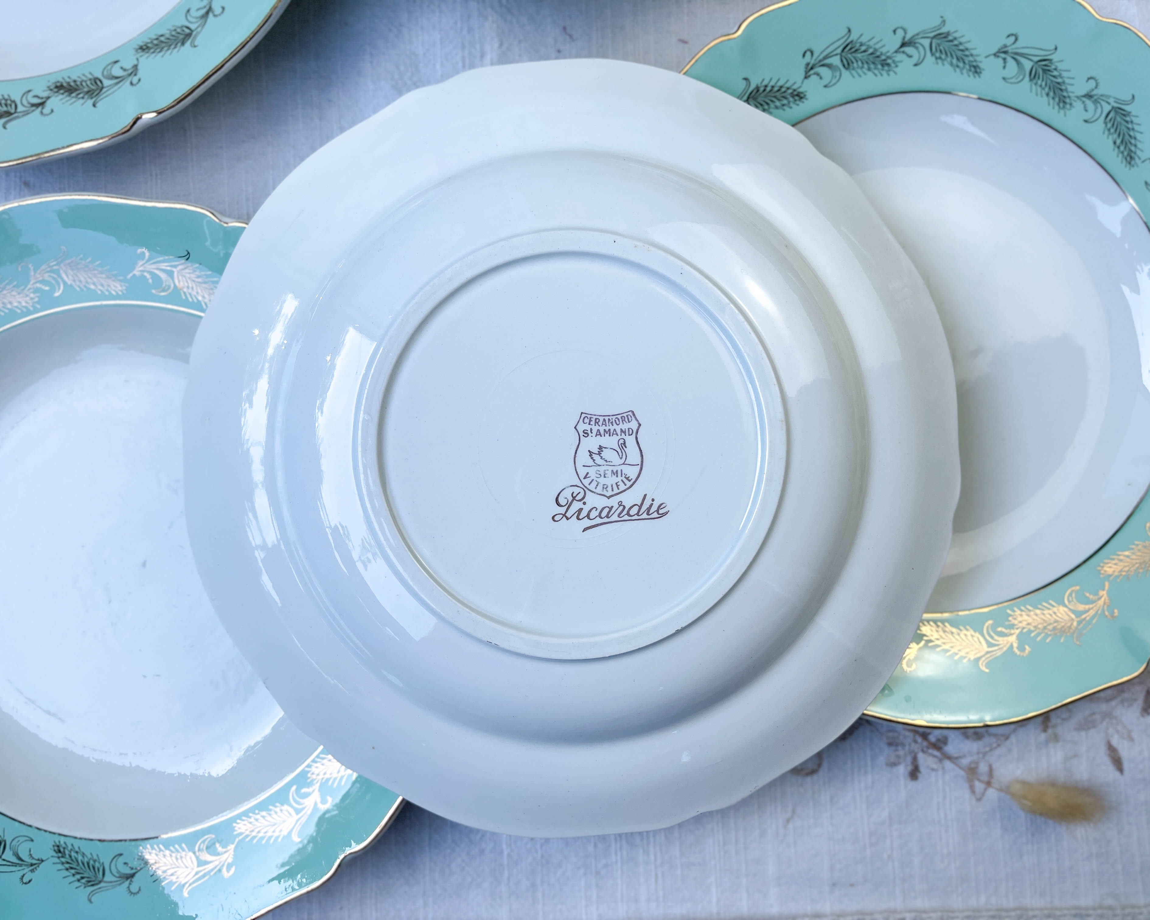 6 assiettes creuses st amand céranord modèle picardie en faïence blanche verte dorée
