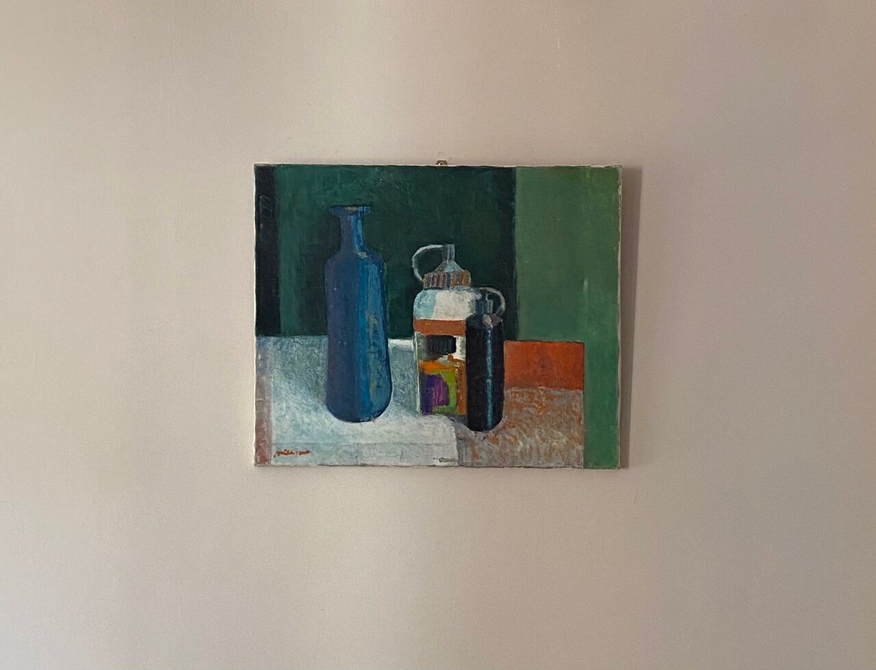 Old painting, still life with bottles signed Milliquet (1896-1982)