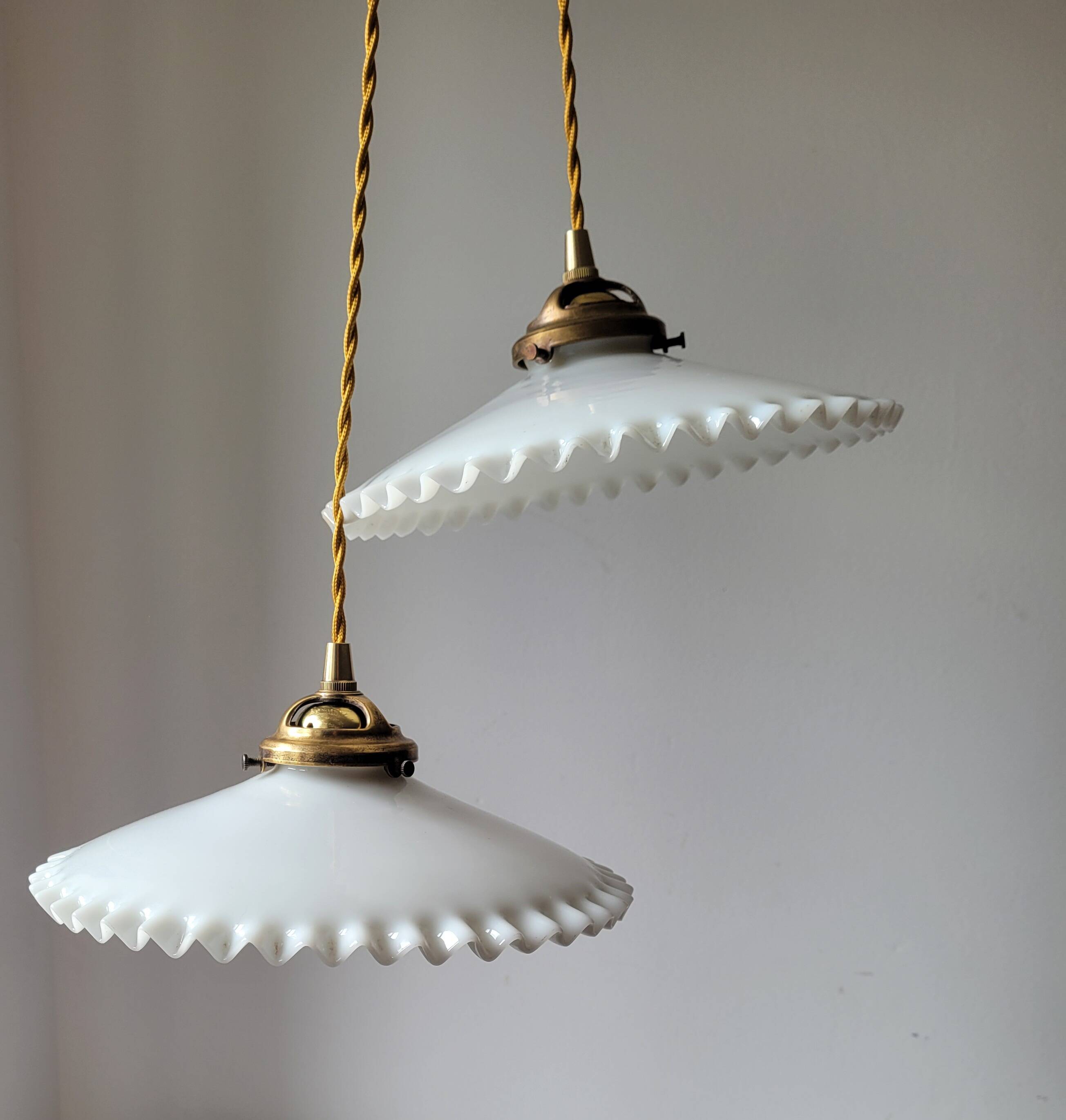 Duo of white opaline pendant lights