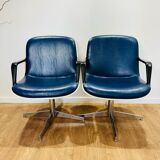 2 office chairs attr. to Strafor, white molded plastic shell, blue skai and chrome metal star base