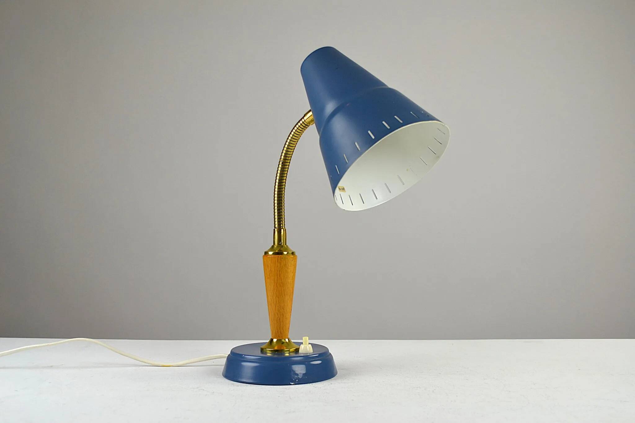 Blue Metal, Brass & Teak Table or Desk Lamp by Ringus, Sweden, 1950s