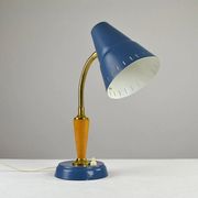 Blue Metal, Brass & Teak Table or Desk Lamp by Ringus, Sweden, 1950s