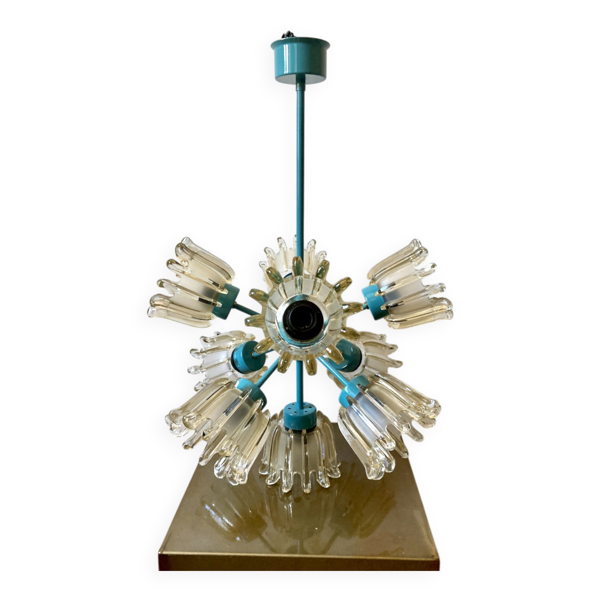 Turquoise glass and metal chandelier with 9 lights, Leclaire & Schäfer, 1960