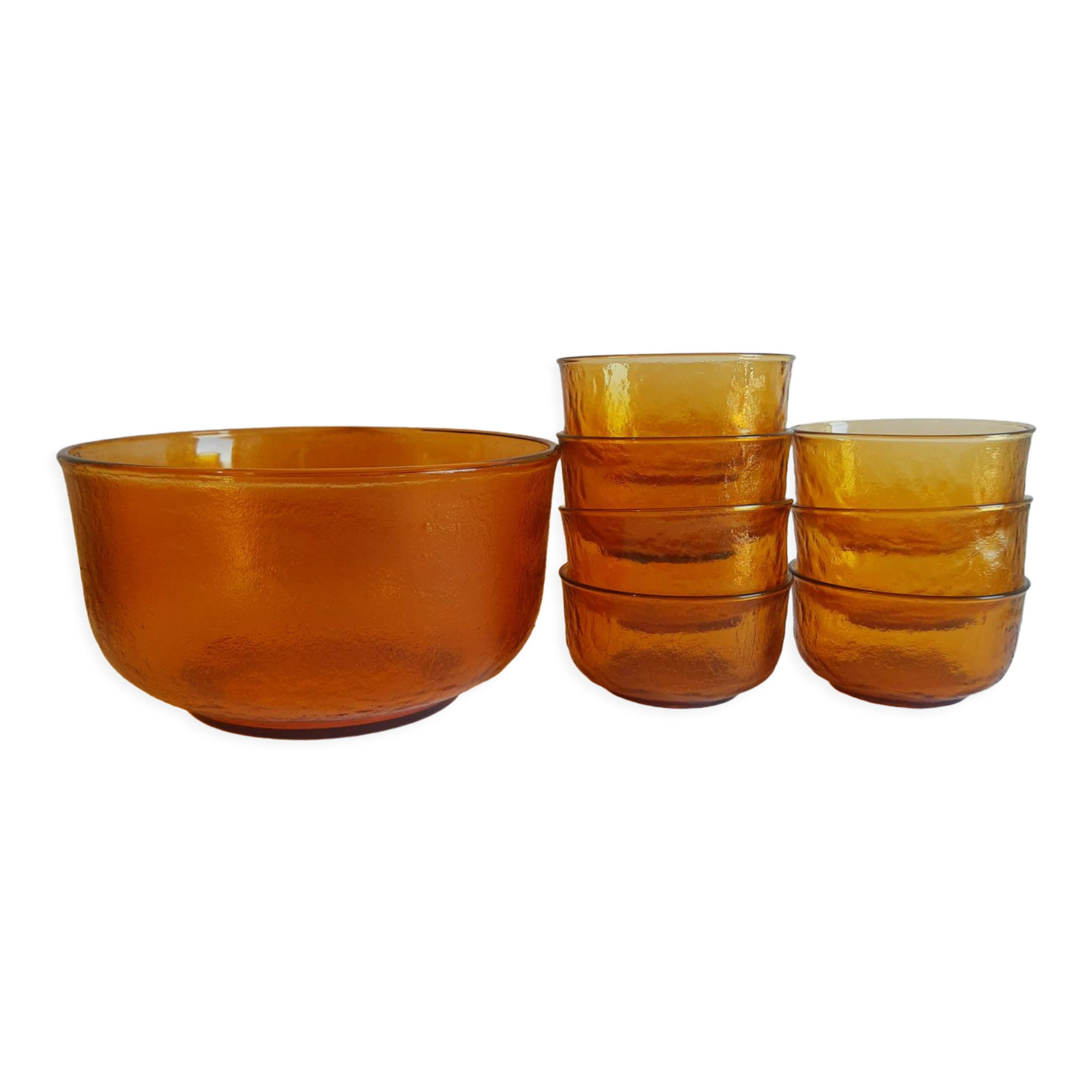 Lot salad bowl codec and 7 cups frosted amber glass sierra 70s