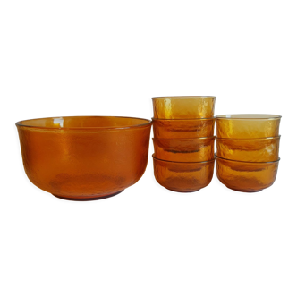 Lot saladier codec et 7 coupelles verre ambré givré sierra années 70