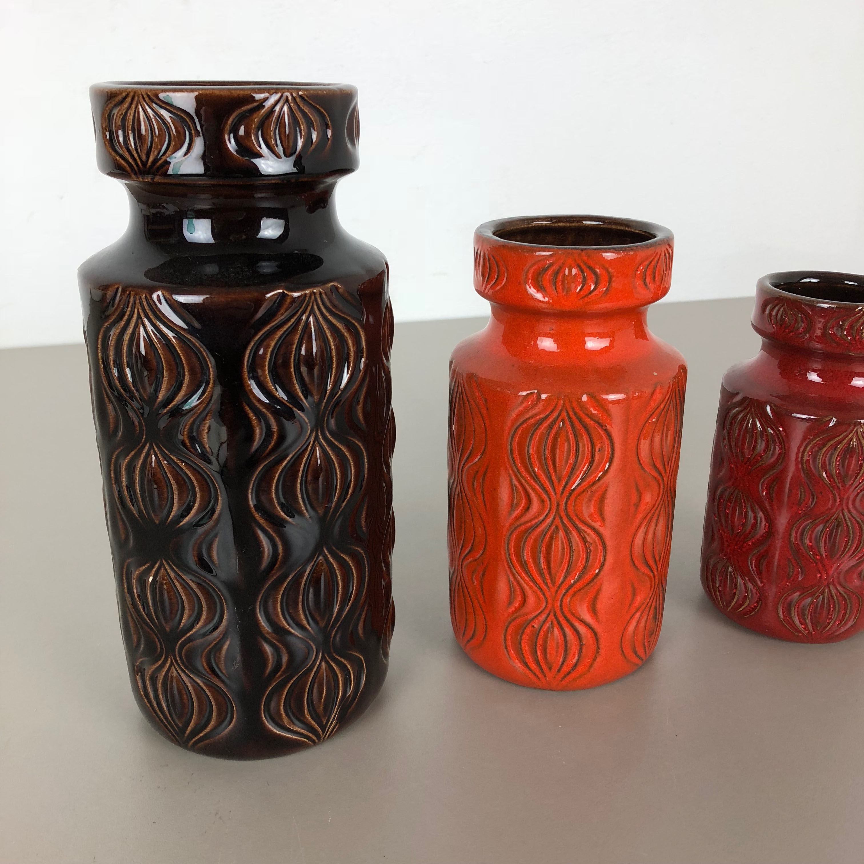 Set of three vintage pottery fat lava 'onion' vases made by Scheurich, Germany