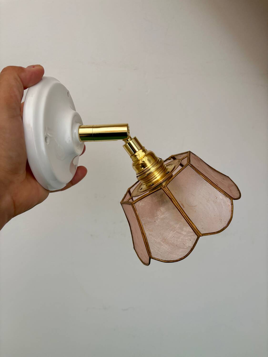 Vintage mother-of-pearl and brass wall lamp with lampshade