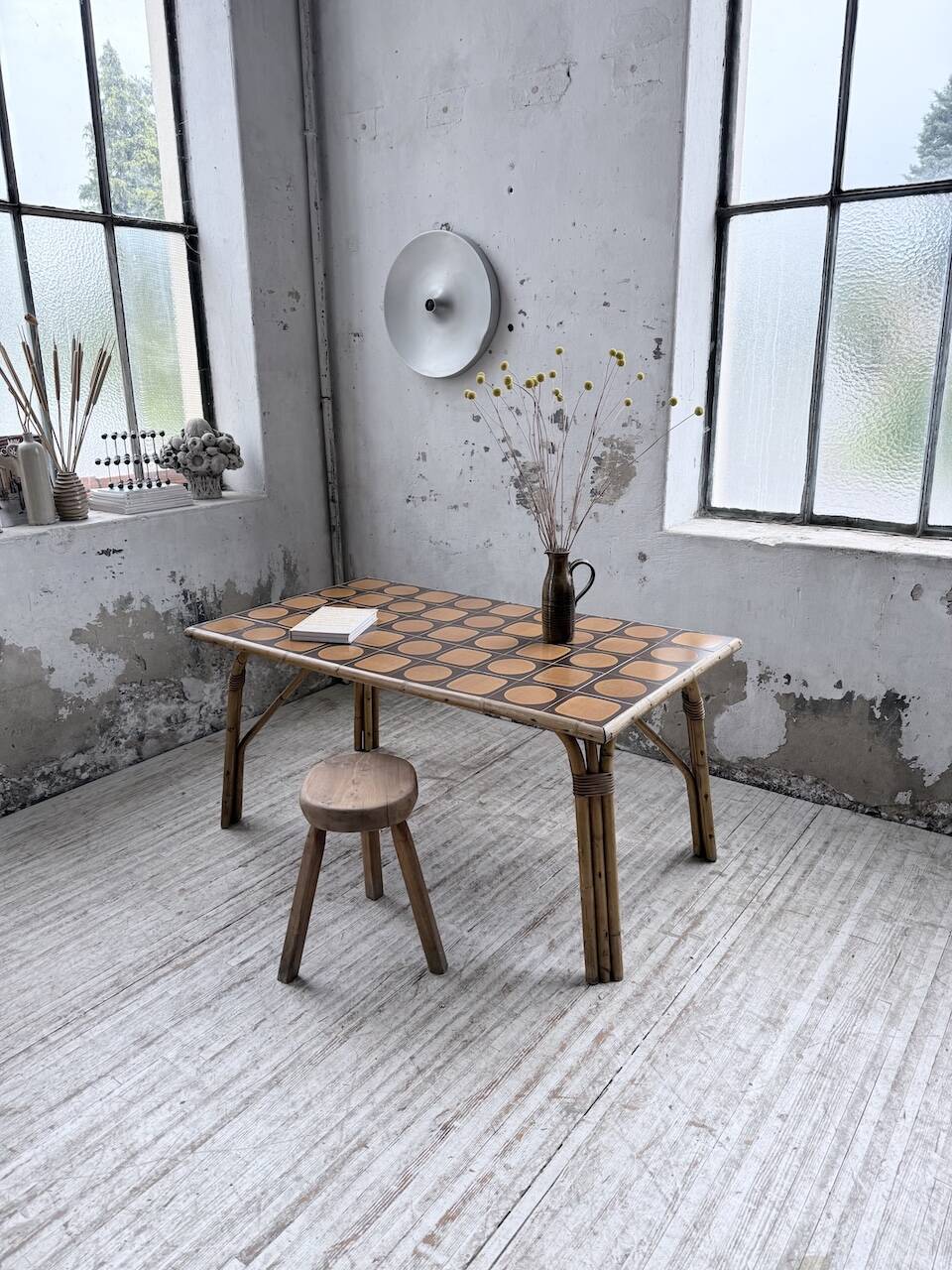 1950s rattan table with ceramic top
