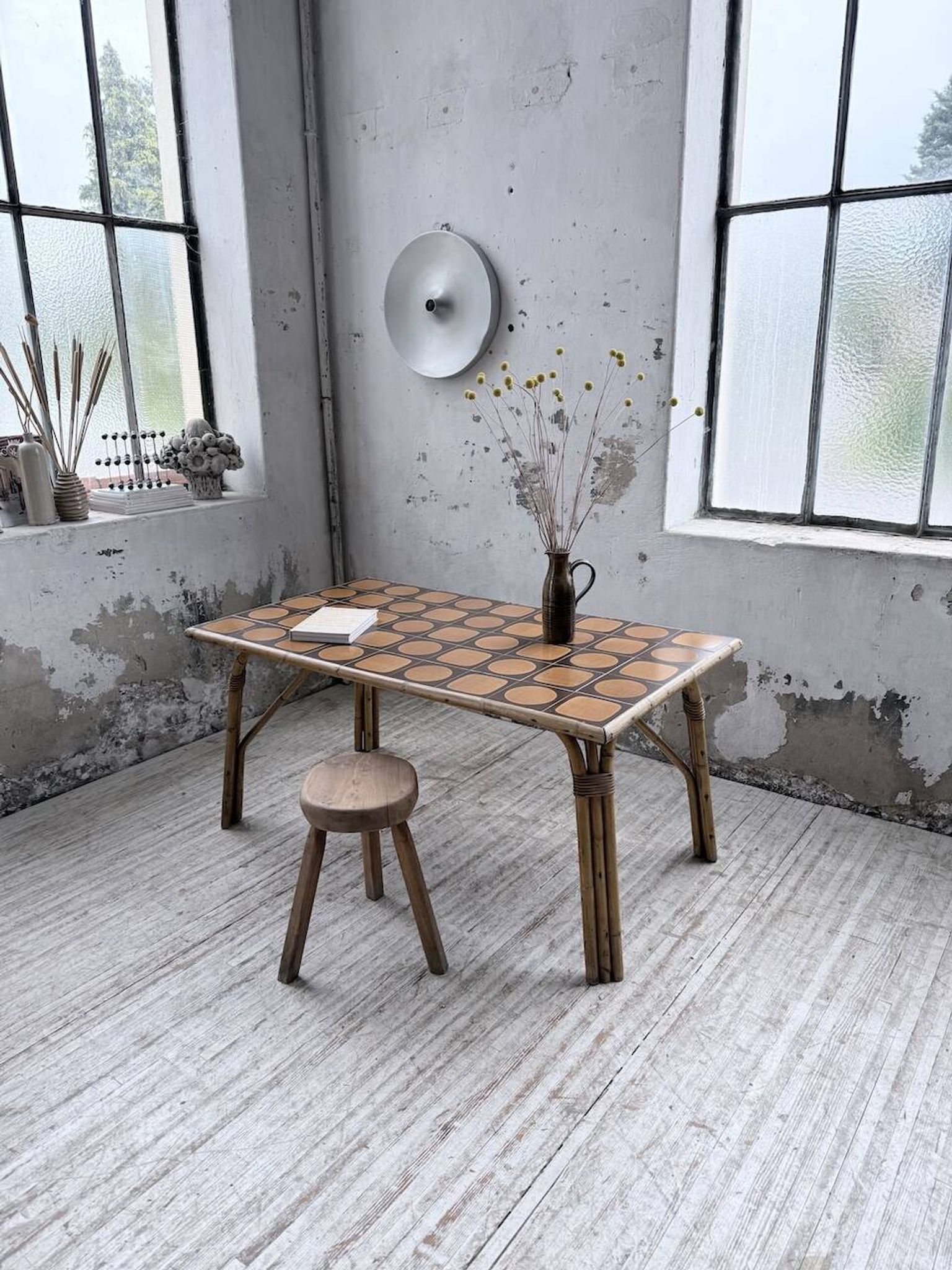 1950s rattan table with ceramic top