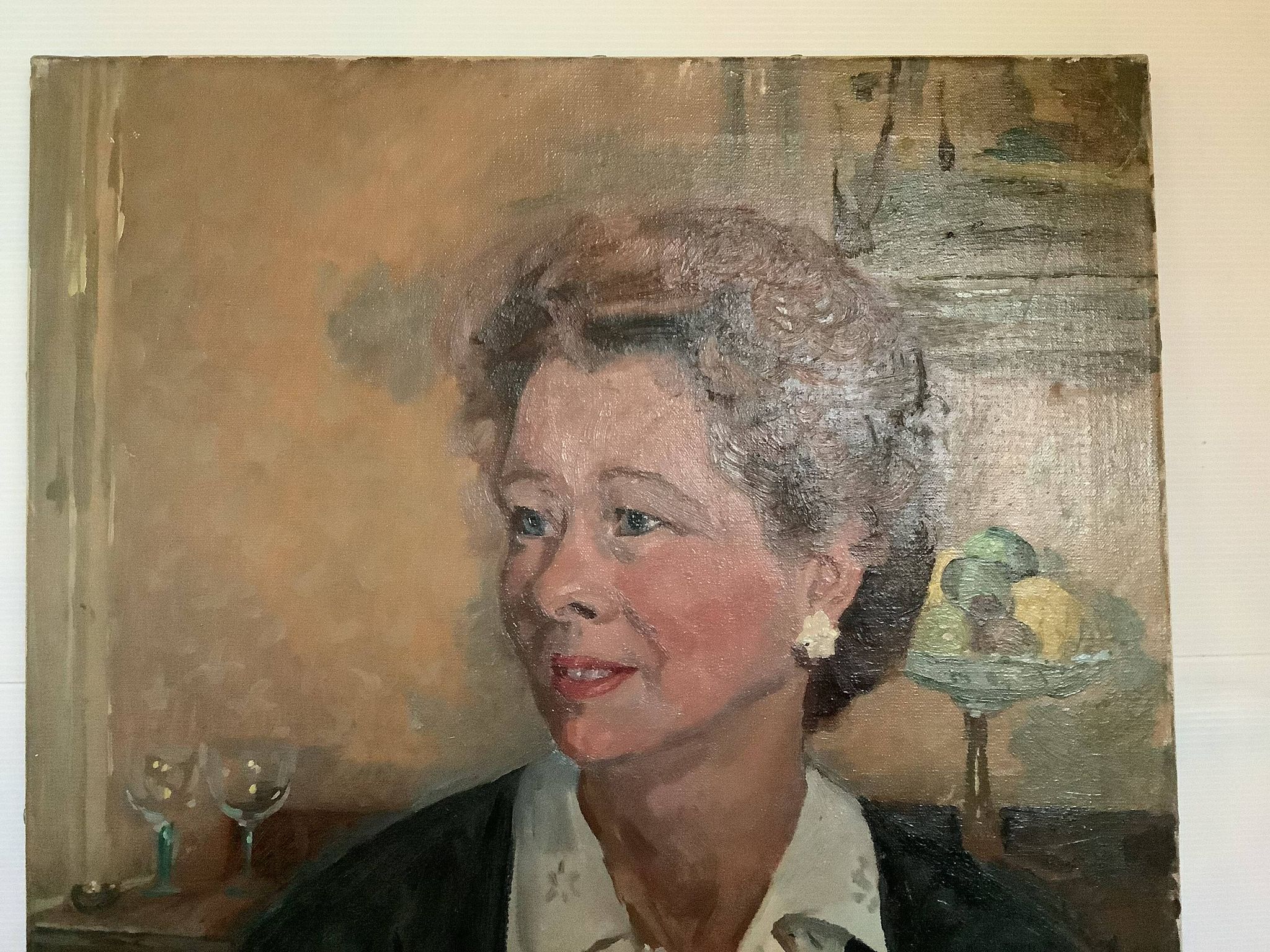 Large portrait painting of a woman, oil on canvas, signed.