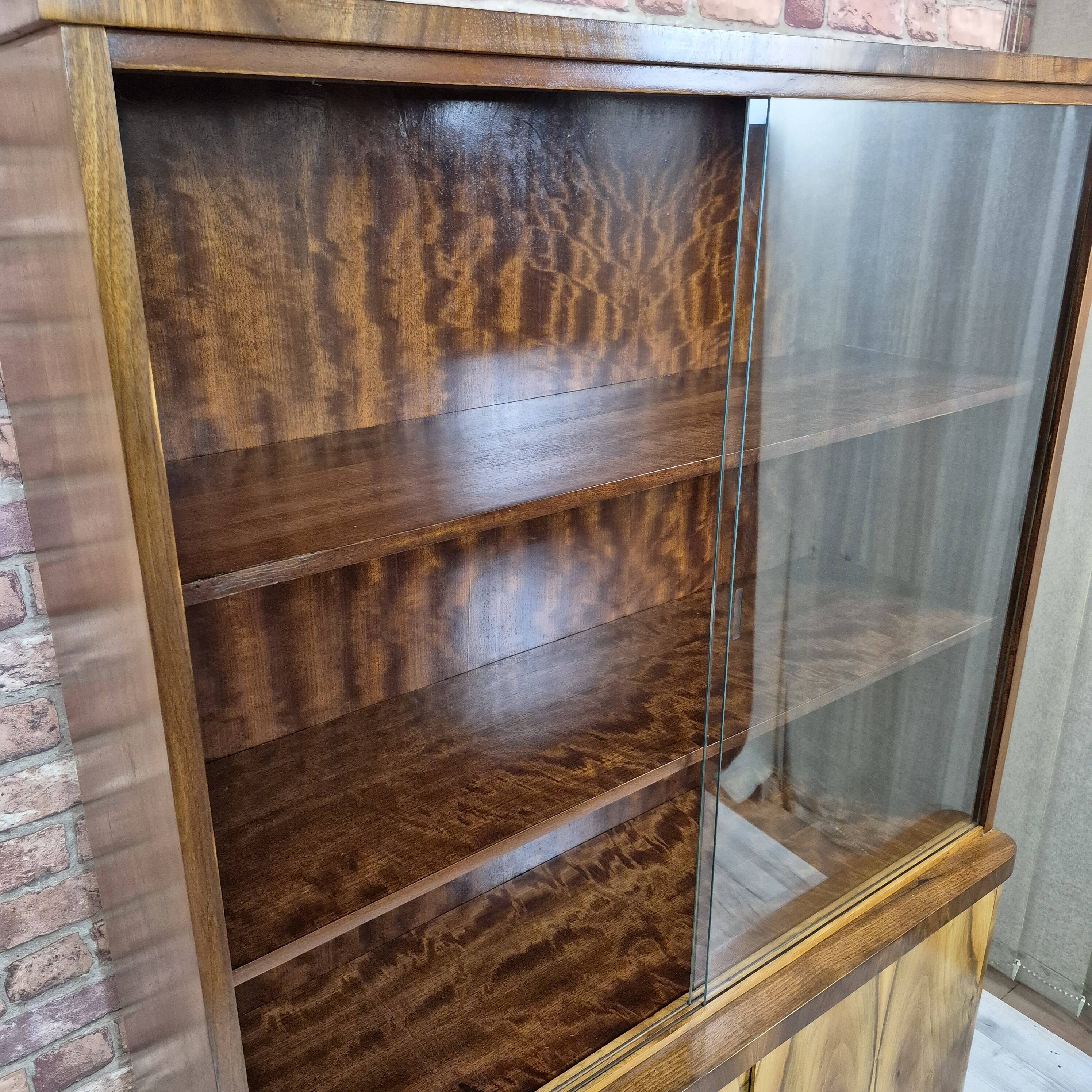 Restored 1950s Art Deco Style Bookcase Display Cabinet with Flame Veneer