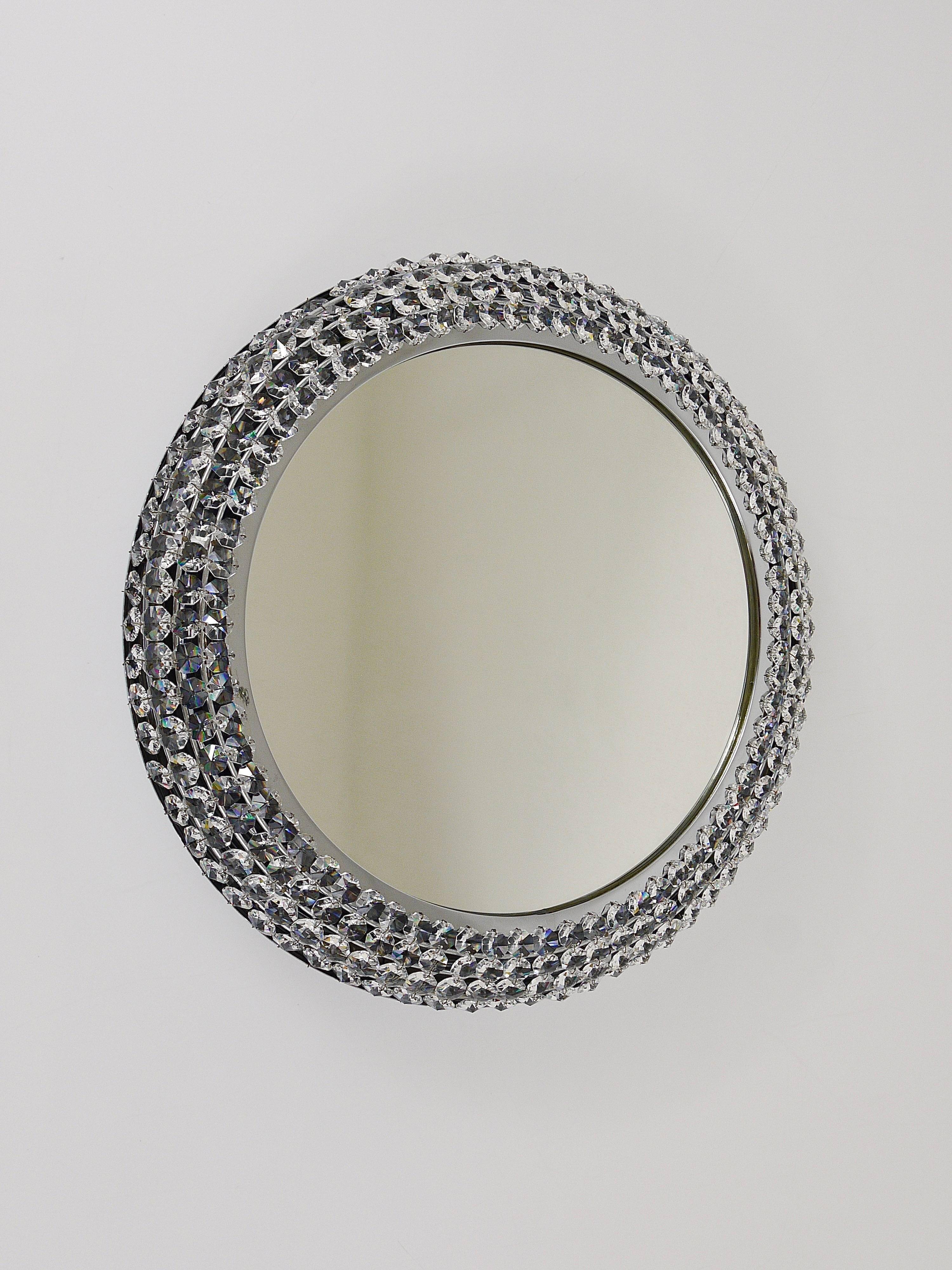 Round Wall Mirror in Bakalowits Style with Faceted Crystal & Chrome Lighting, 1960s