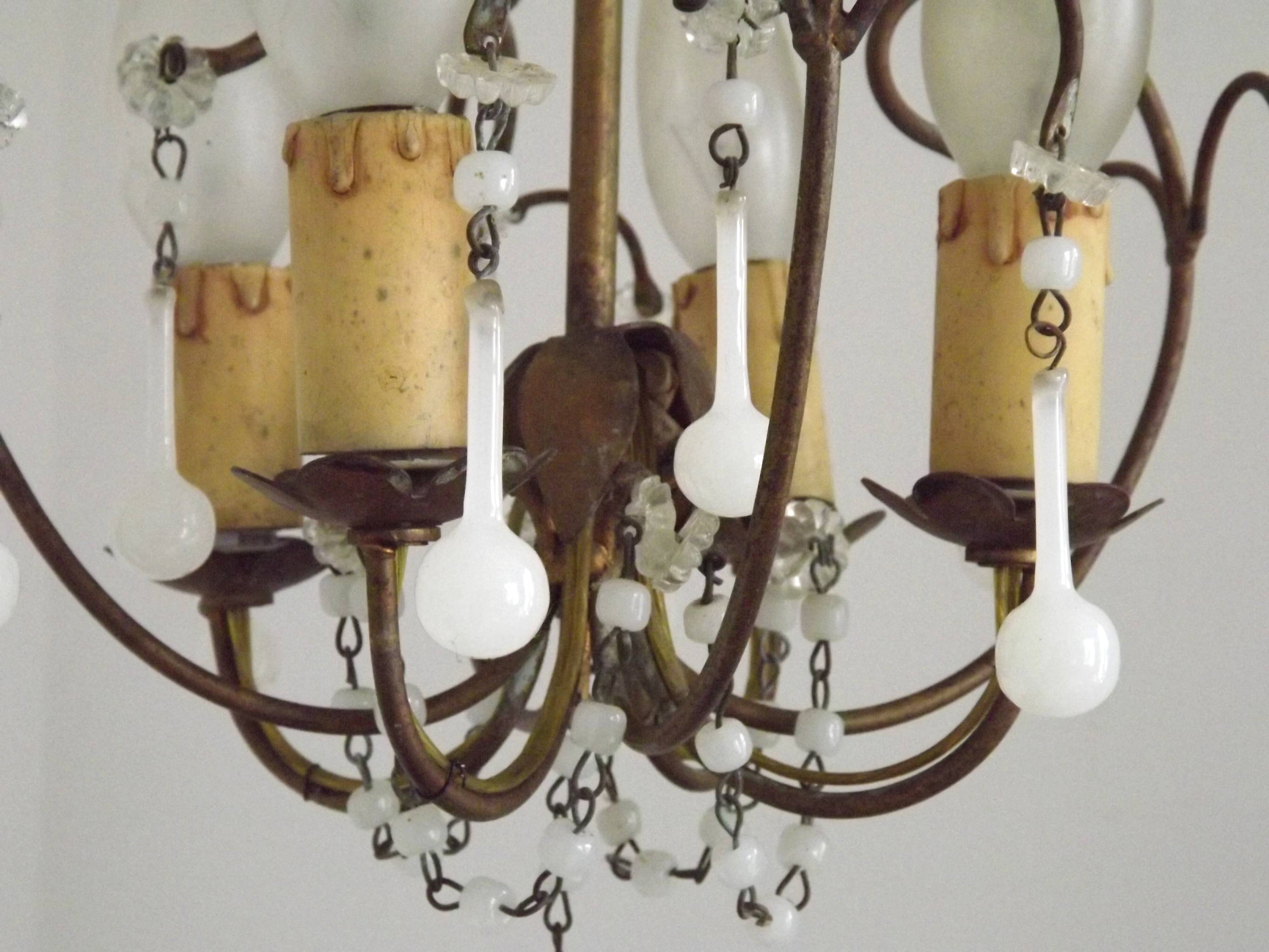 French Vintage 4 Light Metal Cage Chandelier with White Murano Drops and Beads
