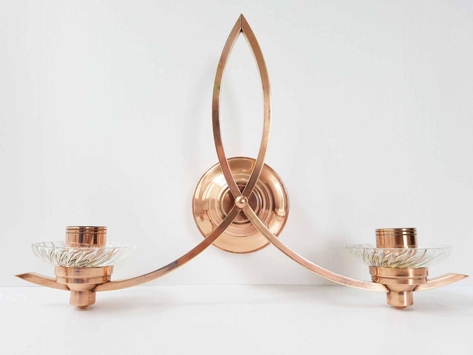 Pair of vintage 1950 copper & glass wall lamps