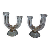 Paire de bougeoirs doubles Art Déco verre pressé moulé 1930