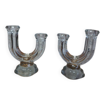 Paire de bougeoirs doubles Art Déco verre pressé moulé 1930