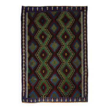 Large vintage geometric Oushak kilim in green and blue, 330 x 227 cm.