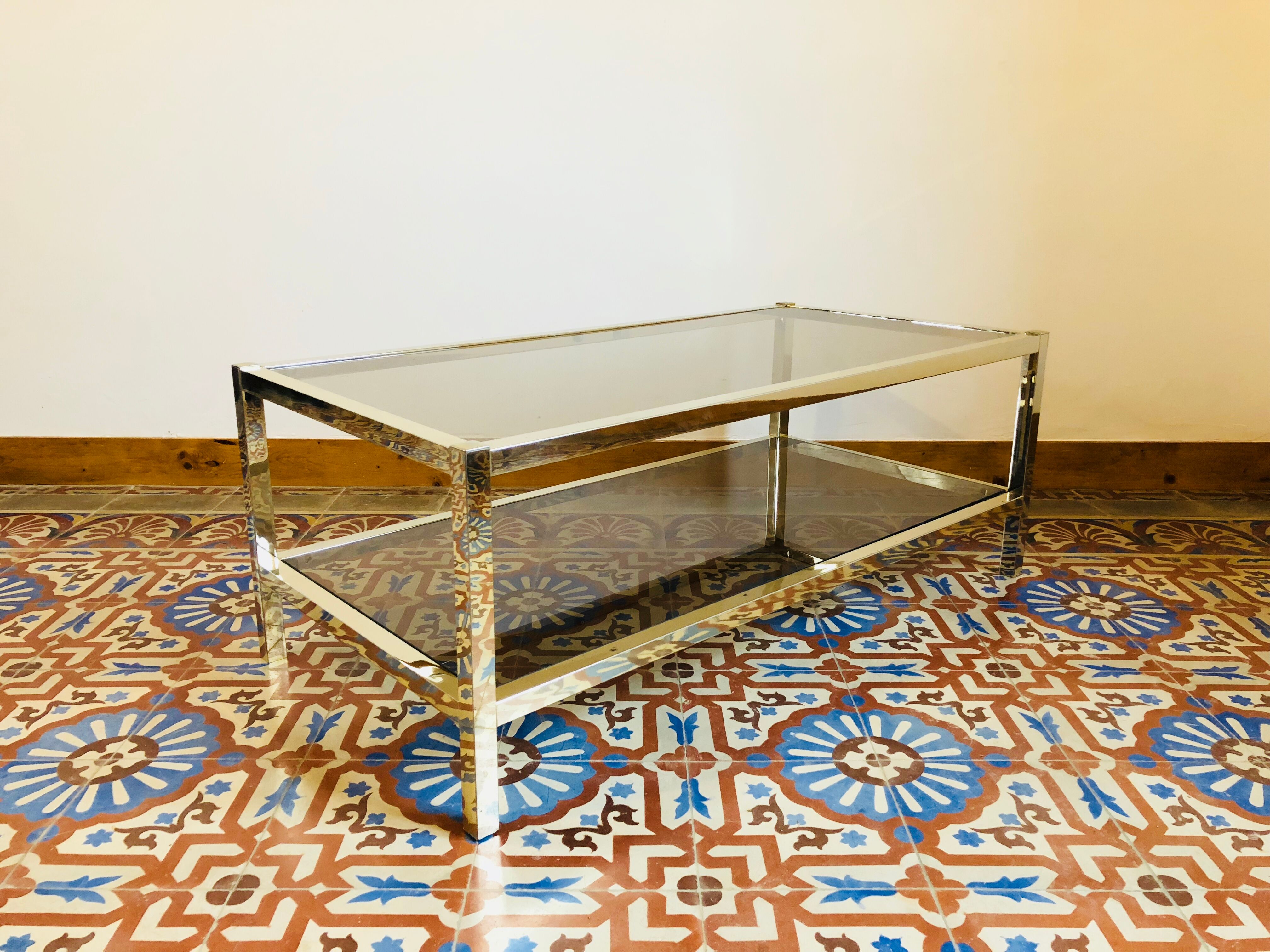 Table low brass and smoked glass 1950