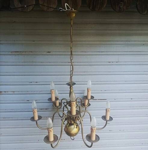 Important 9-light chandelier in Dutch style with 2 levels in brass - in working condition.