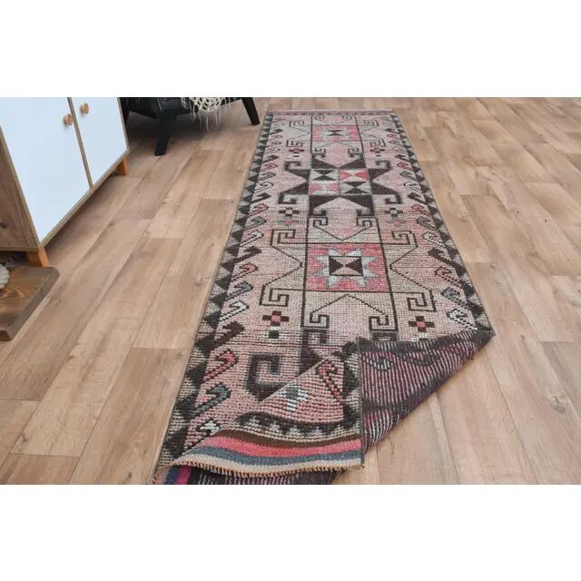 Vintage Turkish Oushak Handmade Wool Pink Brown Runner Rug 87x320