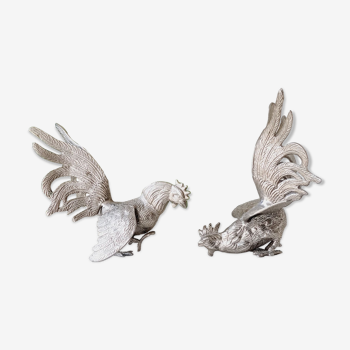 Pair of silver metal fighting cocks