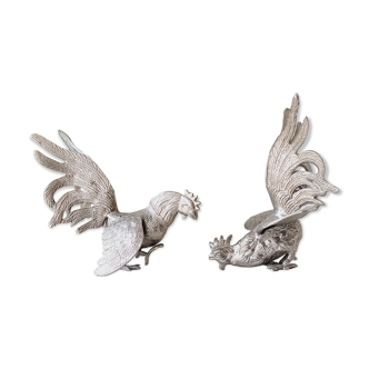 Pair of silver metal fighting cocks