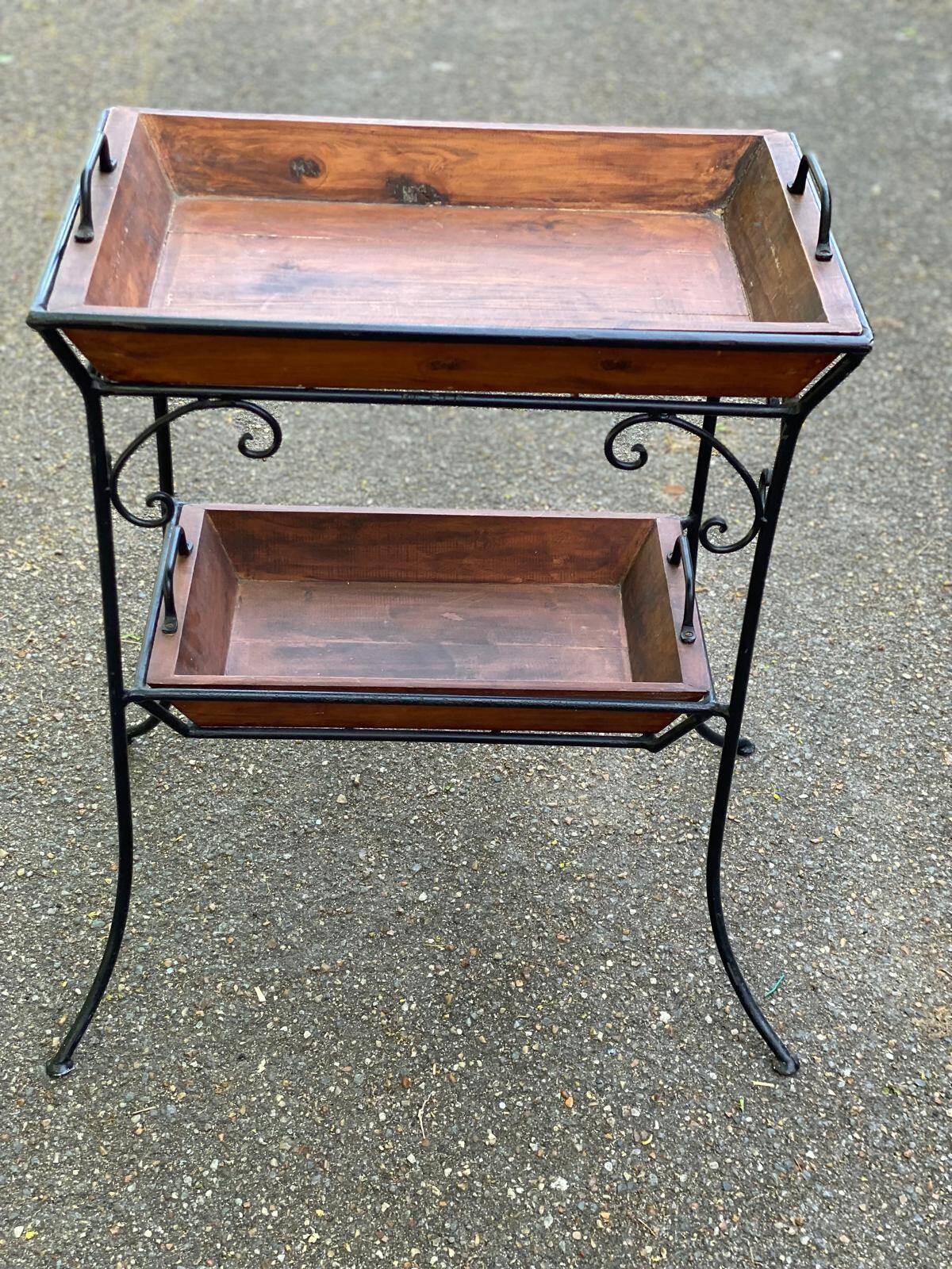 Vintage dessert table in wrought iron and solid wood with double top.