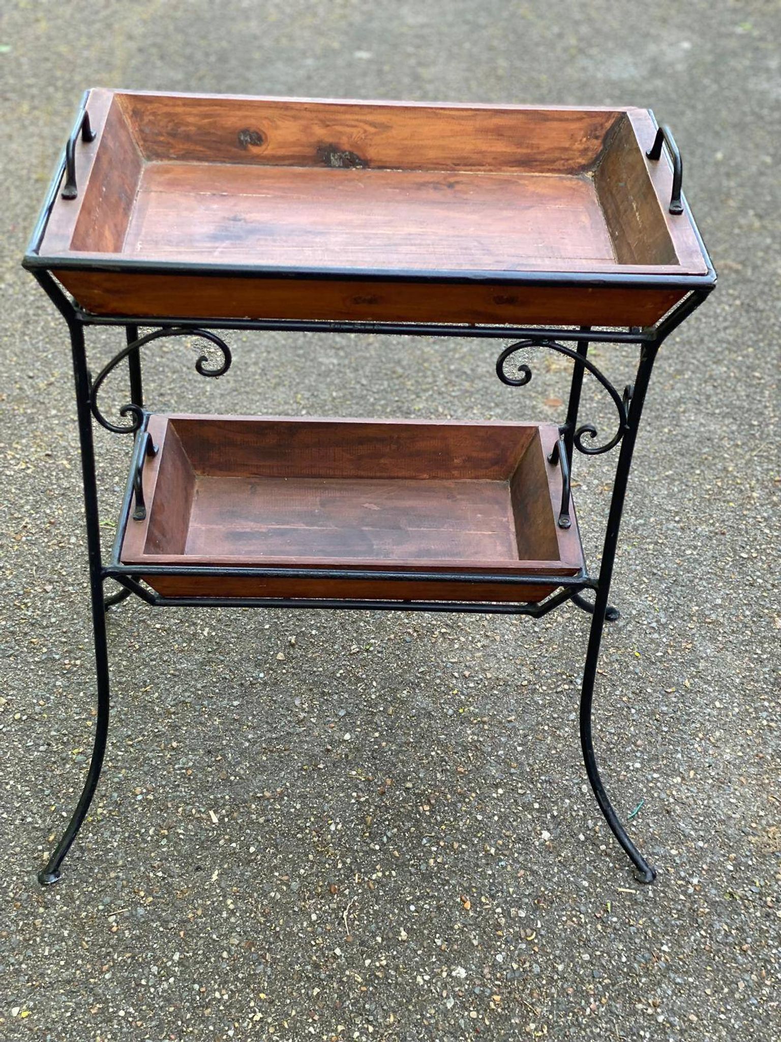 Vintage dessert table in wrought iron and solid wood with double top.