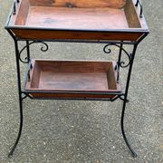 Vintage dessert table in wrought iron and solid wood with double top.