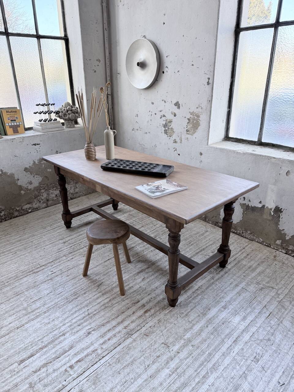 Farm table with turned legs, made of pine and birch, 180cm.