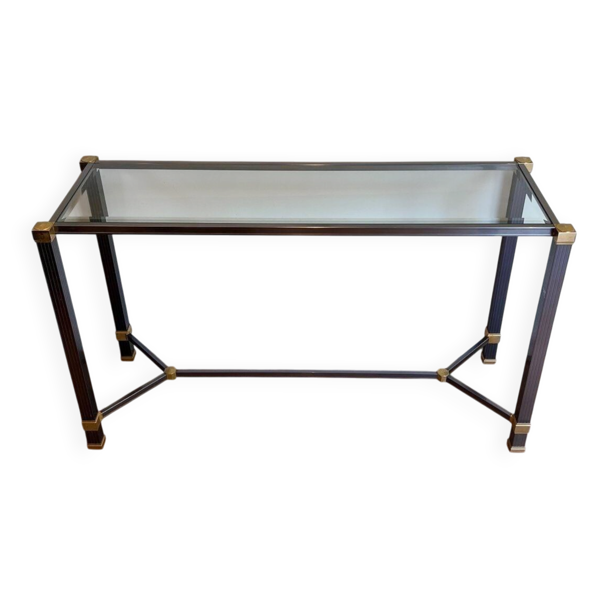 Glass Top Console in Lacquered Aluminium and Gold Metal, Pierre Vandel,