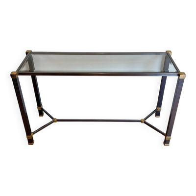 Console à plateau de verre en aluminium laqué et métal doré, pierre vandel,