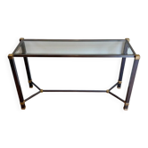 Console à plateau de verre en aluminium laqué et métal doré, pierre vandel,