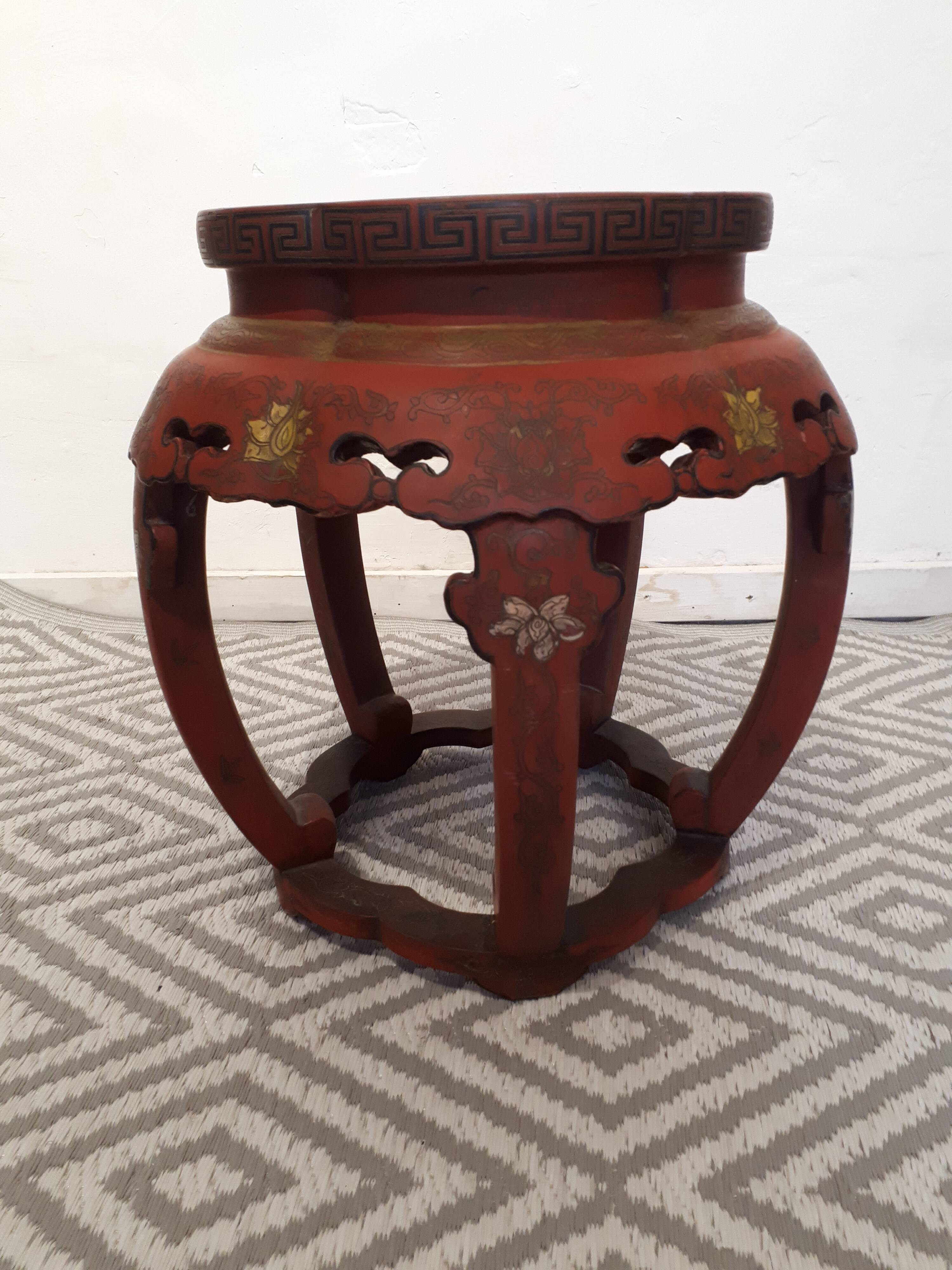 Stool Chinese pedestal table old red lacquer