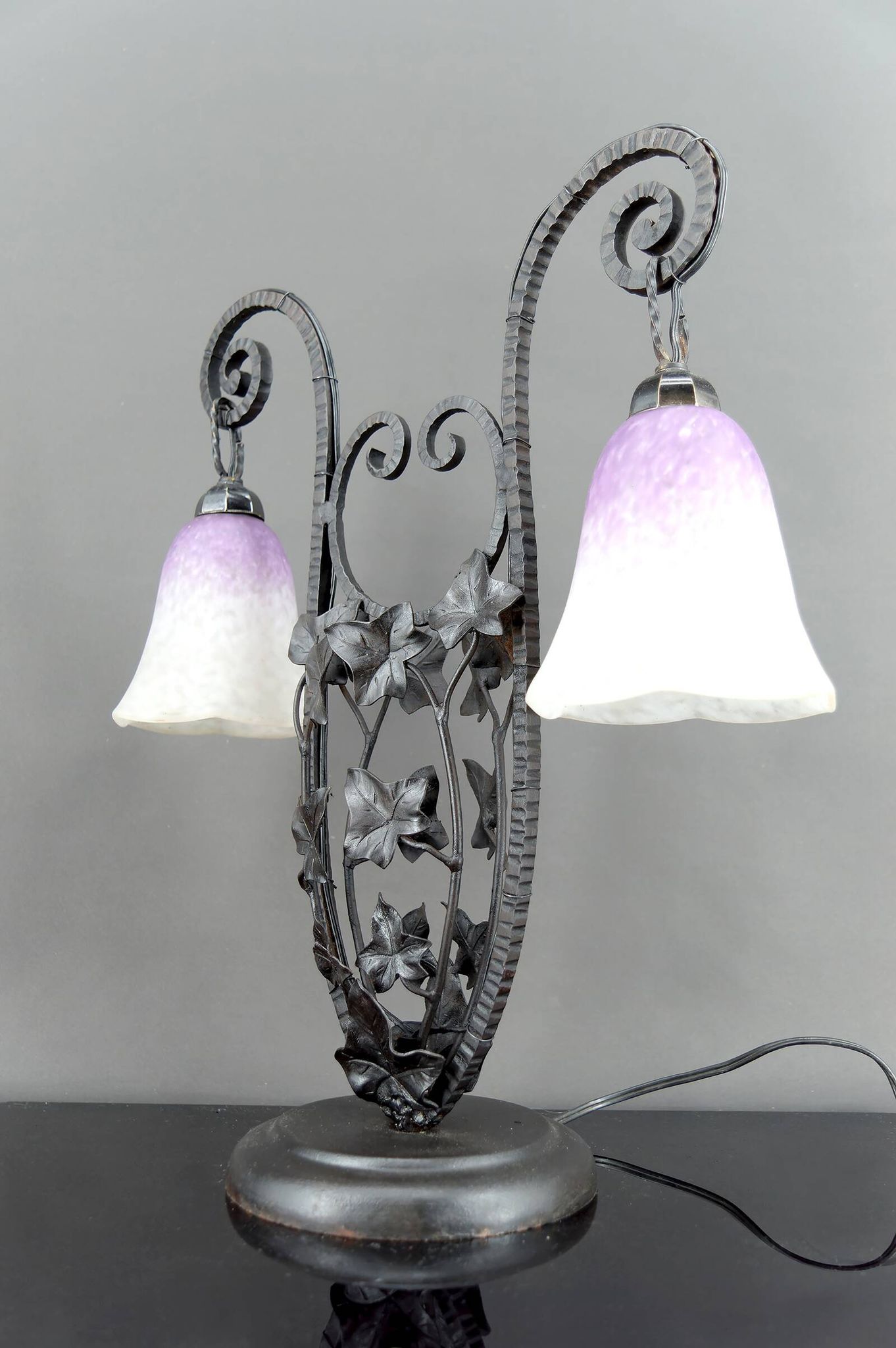 Important Wrought Iron Double-Headed Lamp by Schneider, Art Deco, c. 1920