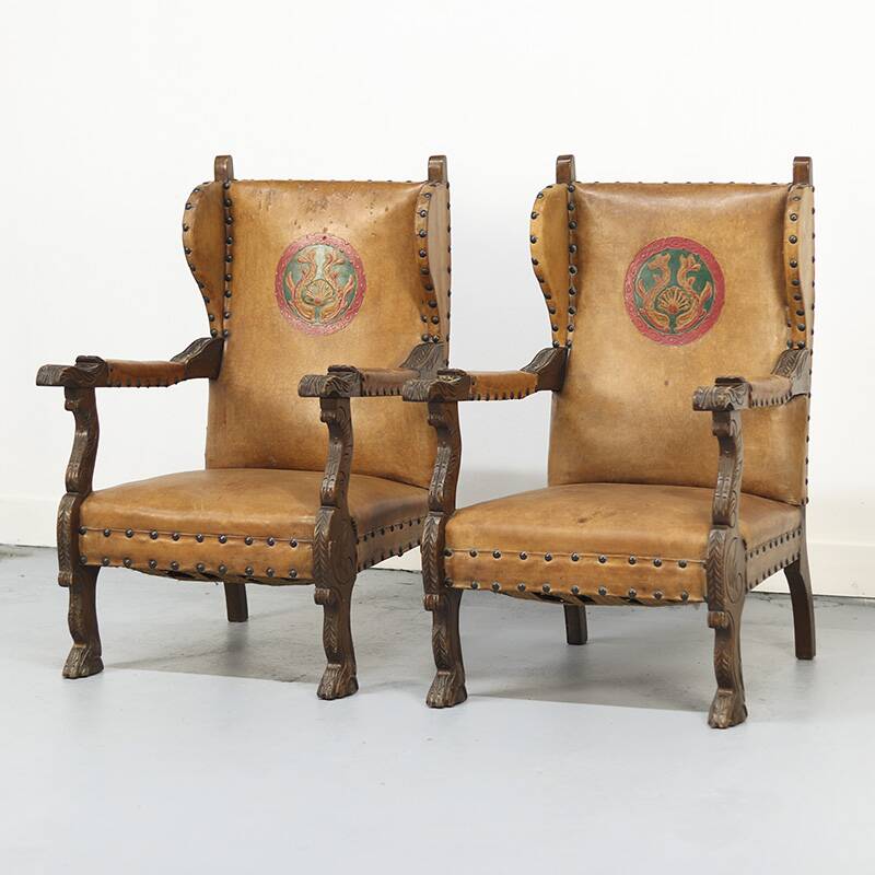 Set of Two Antique Leather Armchairs