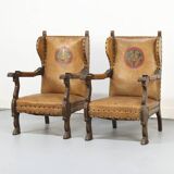 Set of Two Antique Leather Armchairs