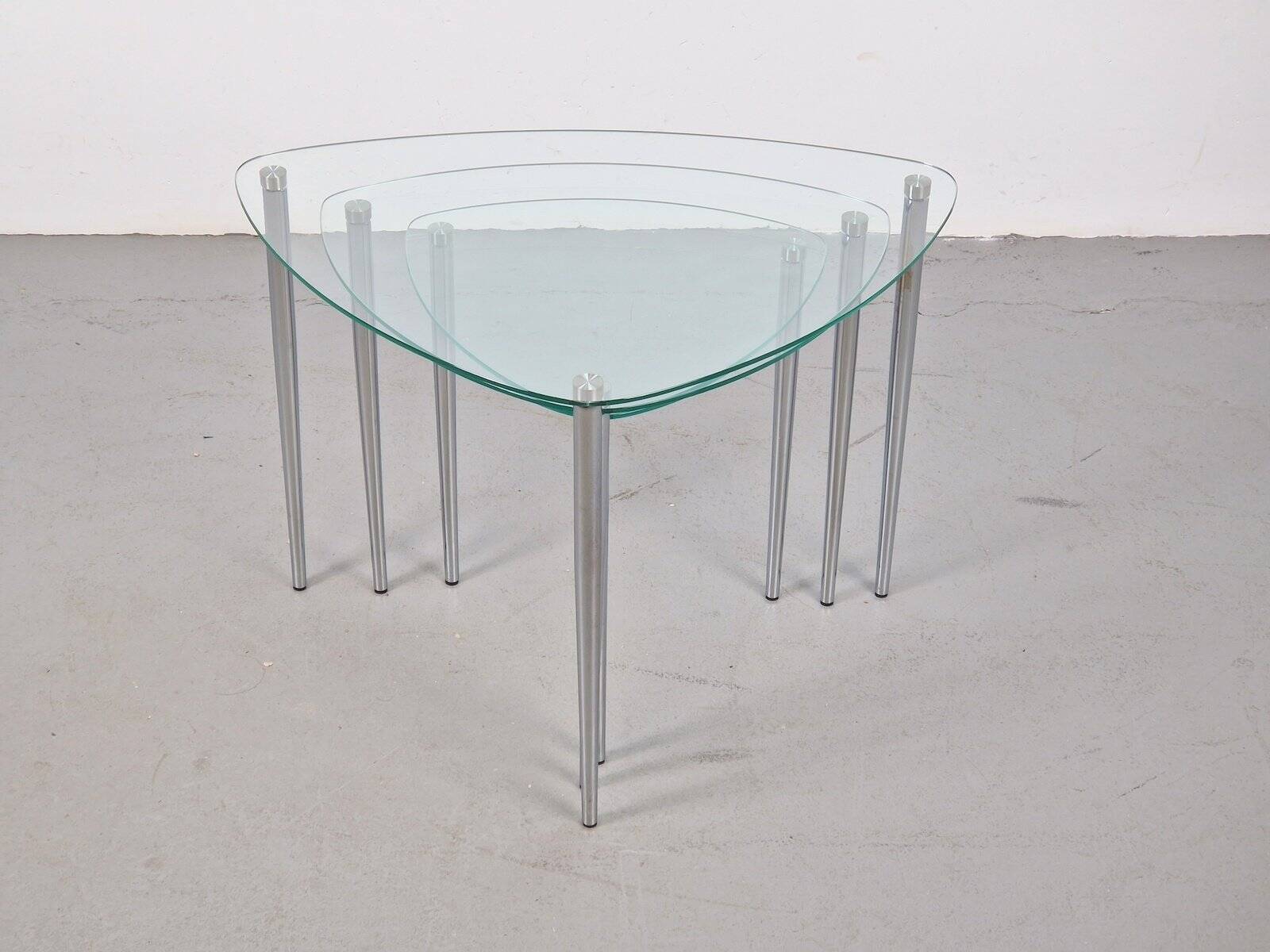 Triangular Nesting Tables in Glass and Metal, 1970s, Set of 3