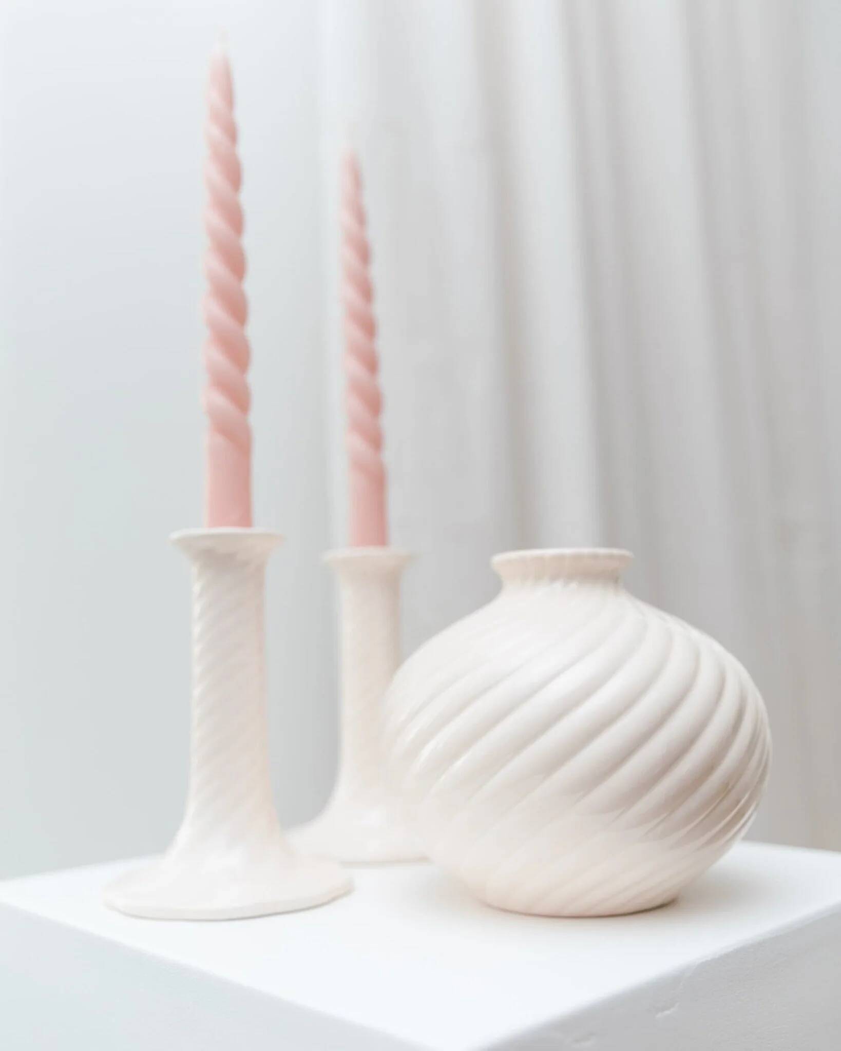Cream ceramic mid-century set: two candle holders and a vase with white glaze, 1970s design