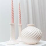 Cream ceramic mid-century set: two candle holders and a vase with white glaze, 1970s design