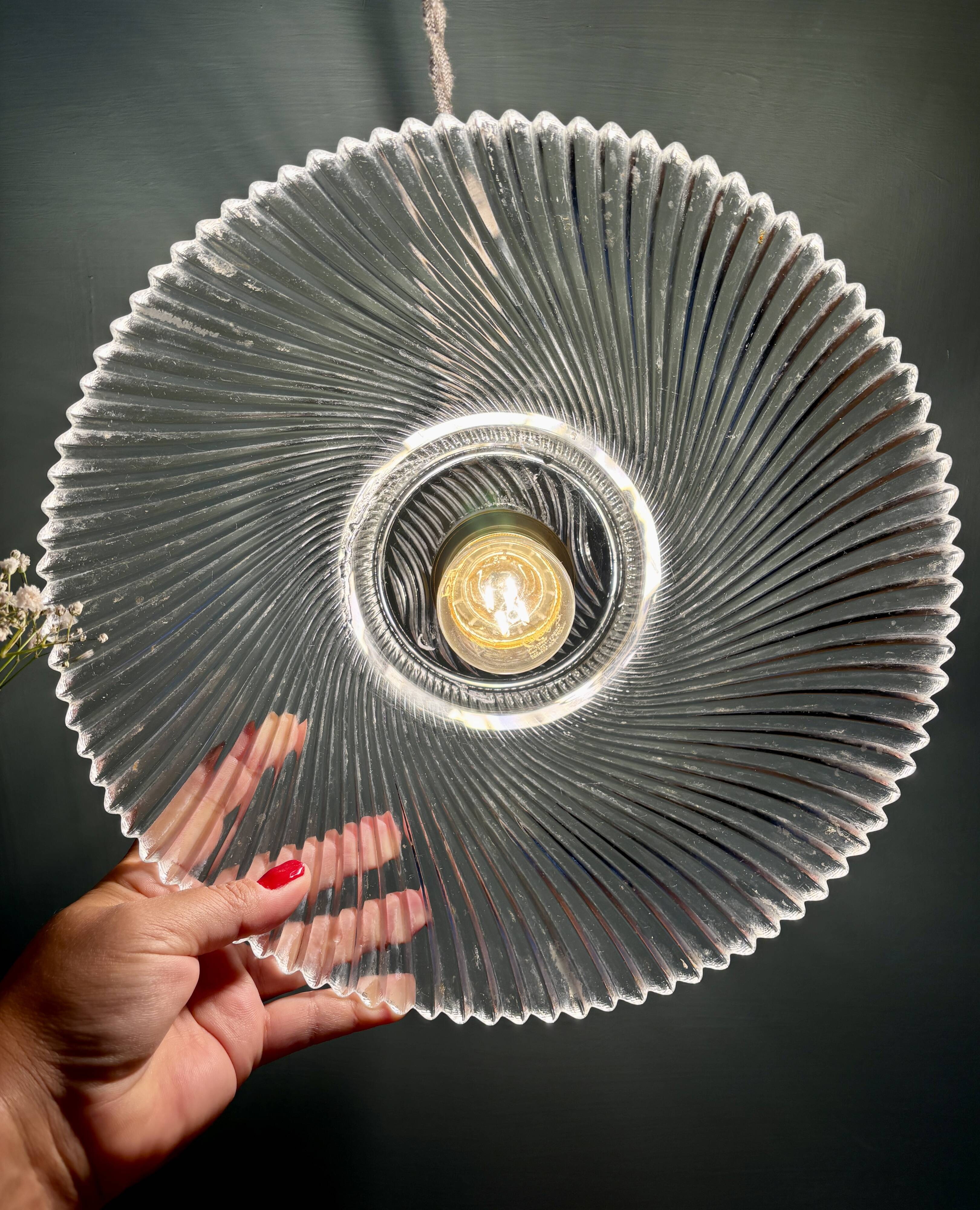 Vintage molded ribbed glass lampshade pendant light - tableware collection -