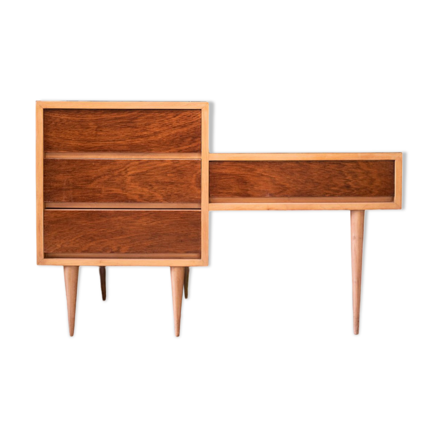 Portuguese mid-century credenza circa 1966. Tola wood with melamine and exotic wood veneer
