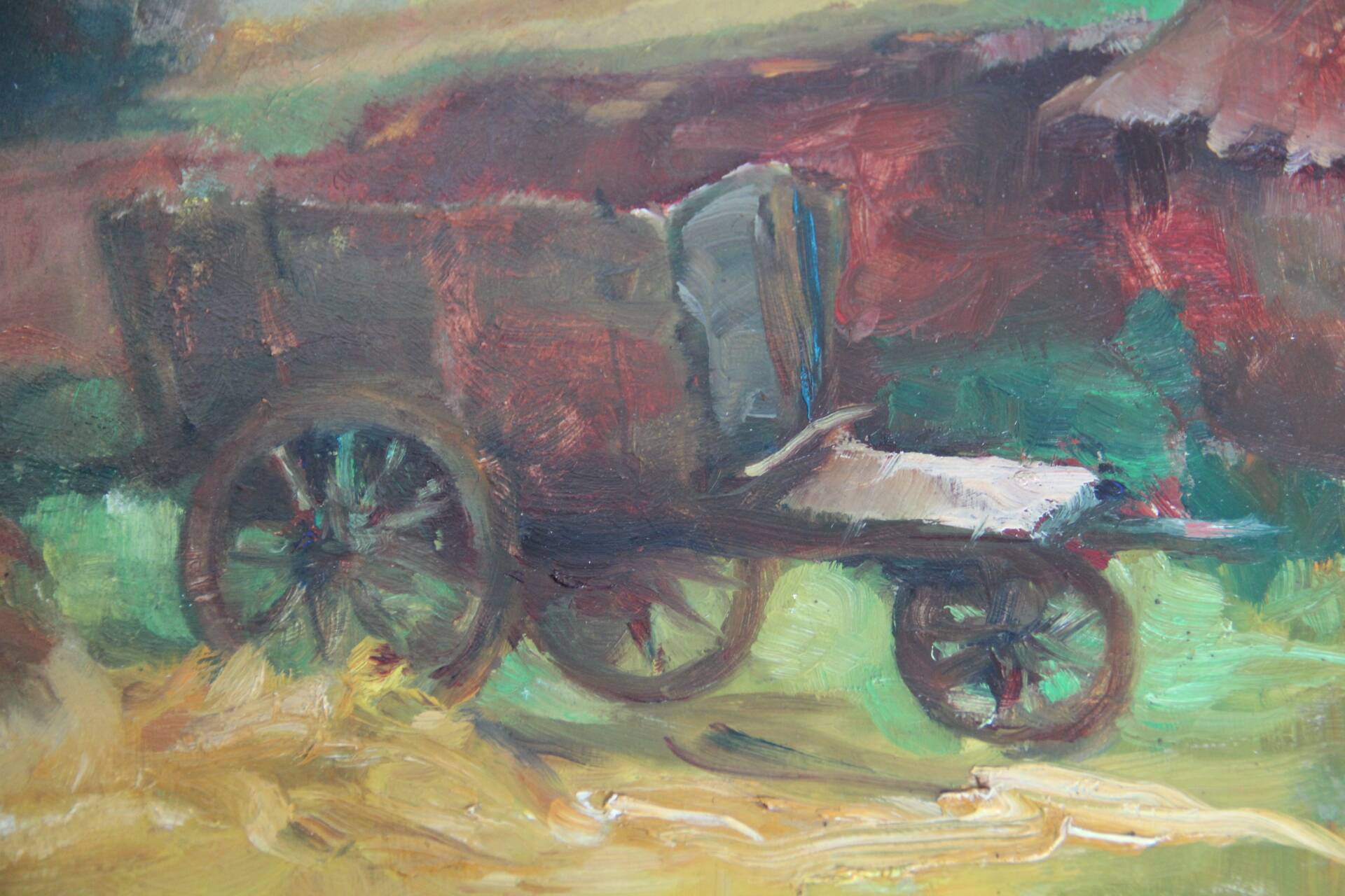Oil painting on cardboard: cart in the countryside