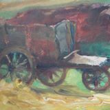 Oil painting on cardboard: cart in the countryside