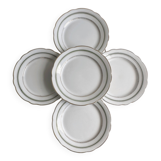5 Vendôme, Digoin and Sarreguemines plates, real opaque France, green and gold decoration.