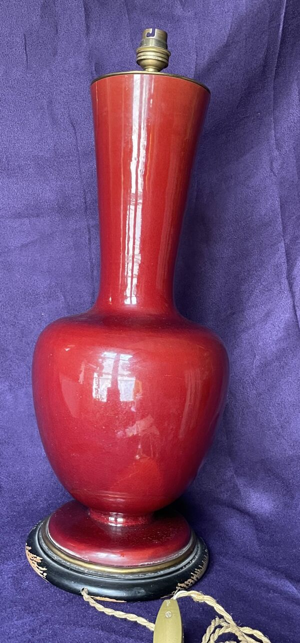 Vase balustre XIXe porcelaine sang de bœuf lampe à poser