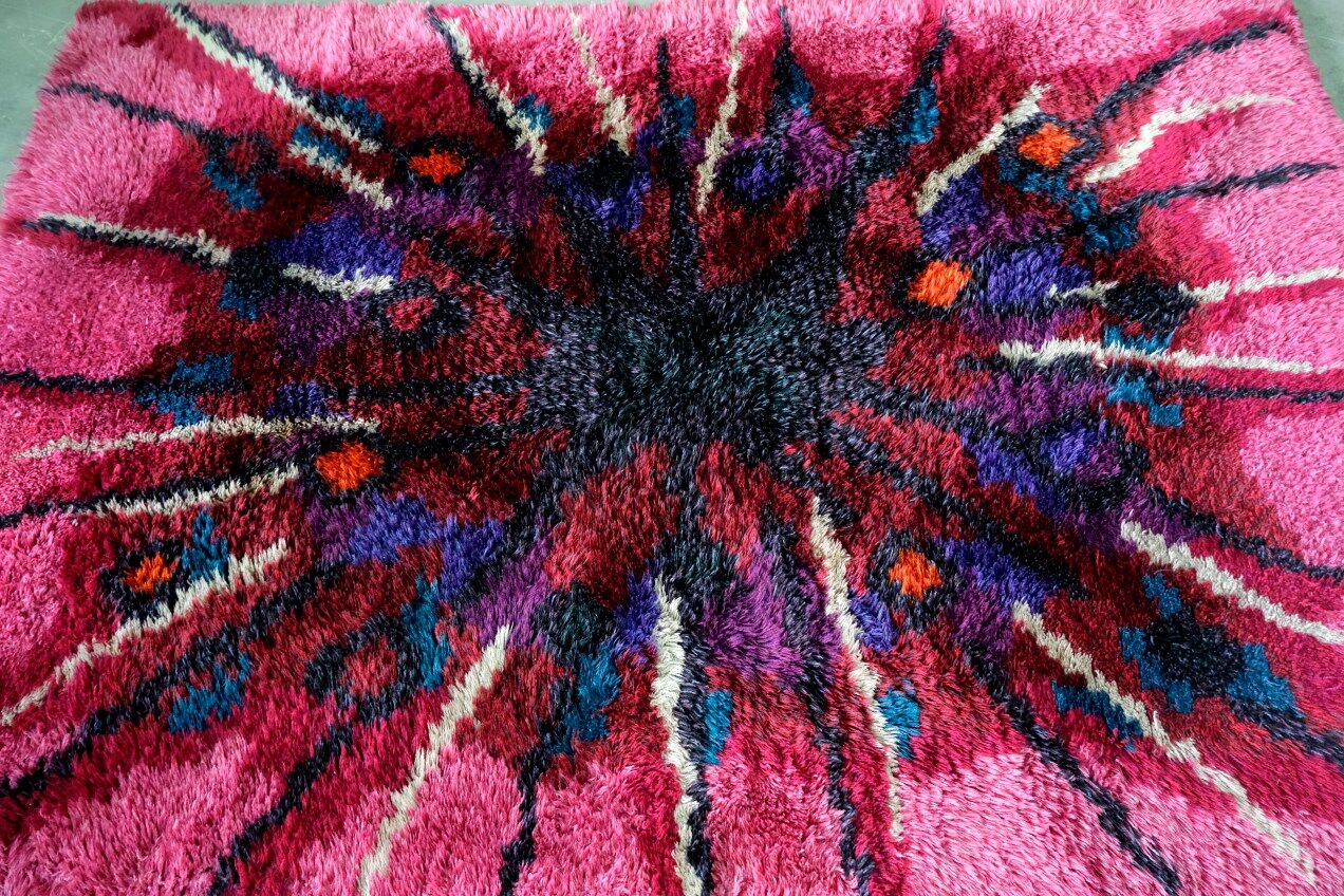Abstract Scandinavian  Hand-Knotted High Pile Rya Rug Carpet, Sweden, 1960s