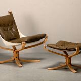 Sigurd Ressell Falcon Chair with Ottoman in brown leather for Vatne Møbler
