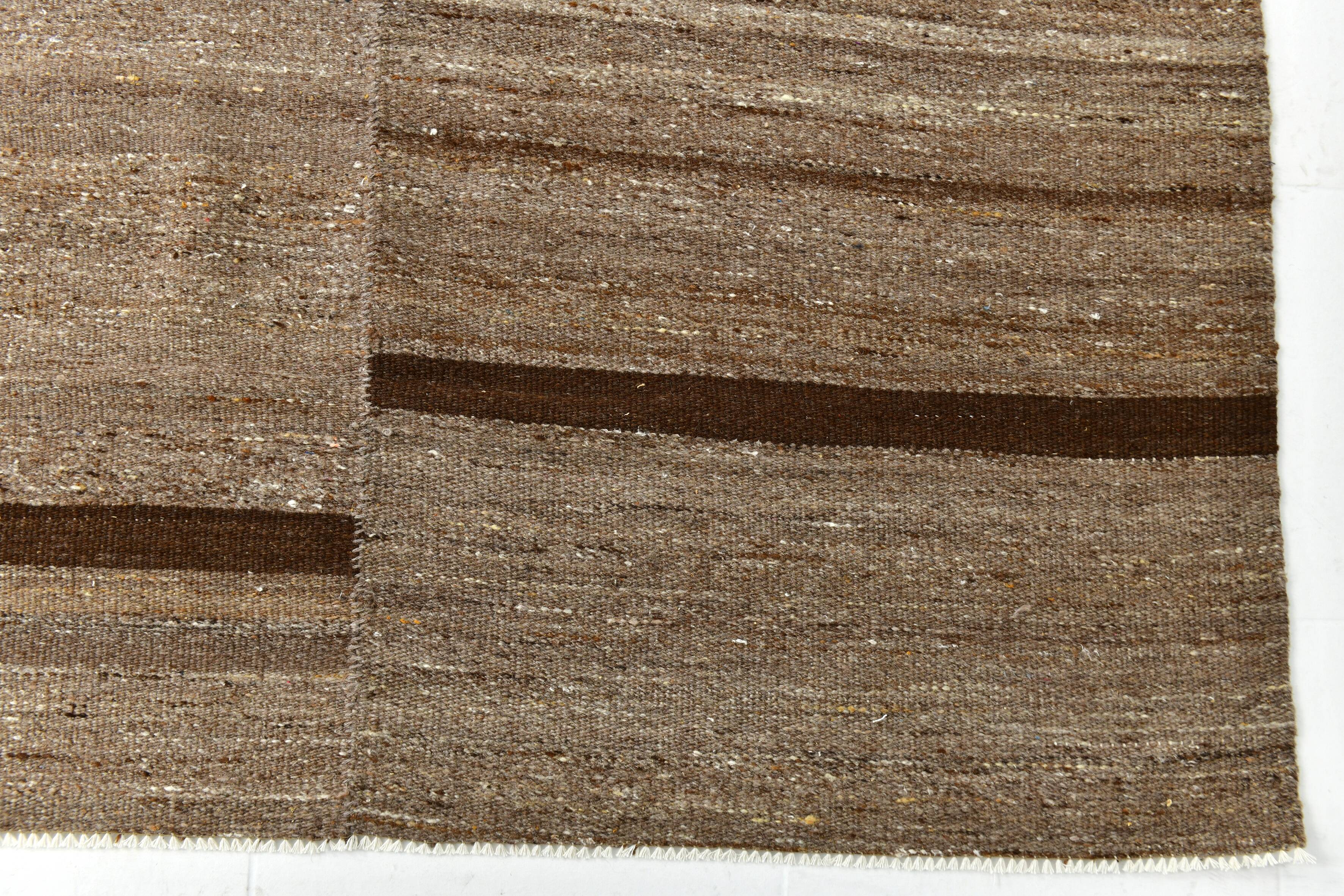 Dark Brown Striped Ethnic Kilim Rug, 224x297Cm