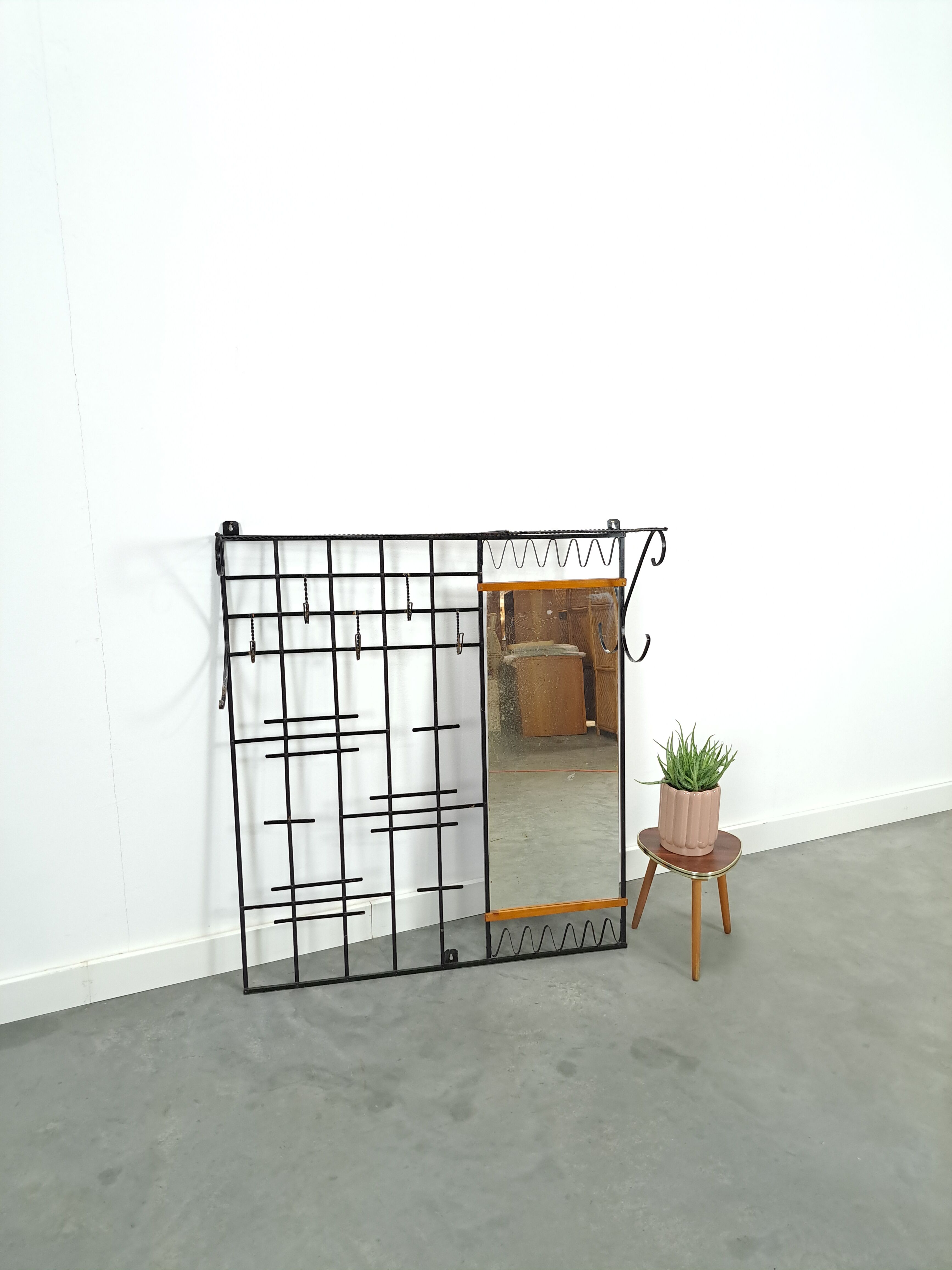 Wall coat rack vintage steel with mirror and shelf